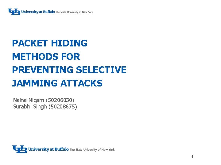 PACKET HIDING METHODS FOR PREVENTING SELECTIVE JAMMING ATTACKS ‘- Naina Nigam (50208030) Surabhi Singh