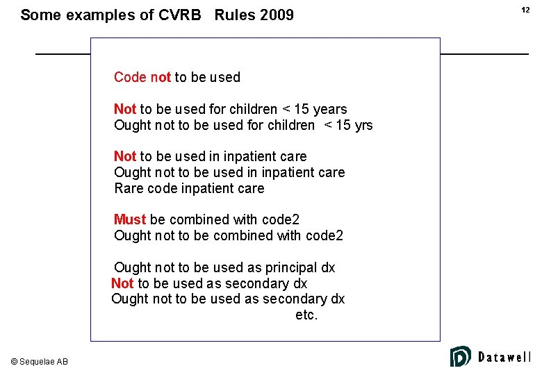 Some examples of CVRB Rules 2009 Code not to be used Not to be