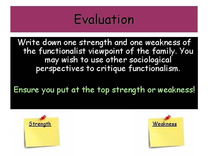 Evaluation Write down one strength and one weakness of the functionalist viewpoint of the