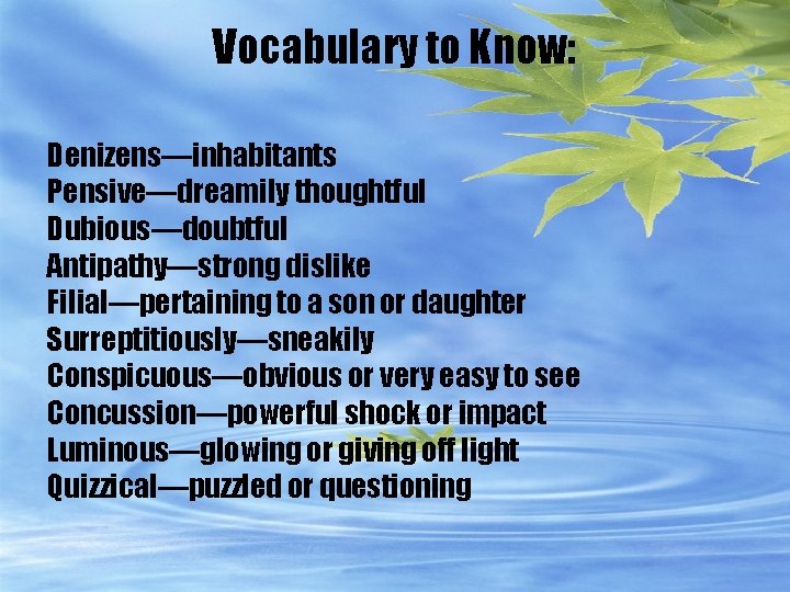 Vocabulary to Know: Denizens—inhabitants Pensive—dreamily thoughtful Dubious—doubtful Antipathy—strong dislike Filial—pertaining to a son or