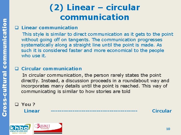 Cross-cultural communication (2) Linear – circular communication q Linear communication This style is similar