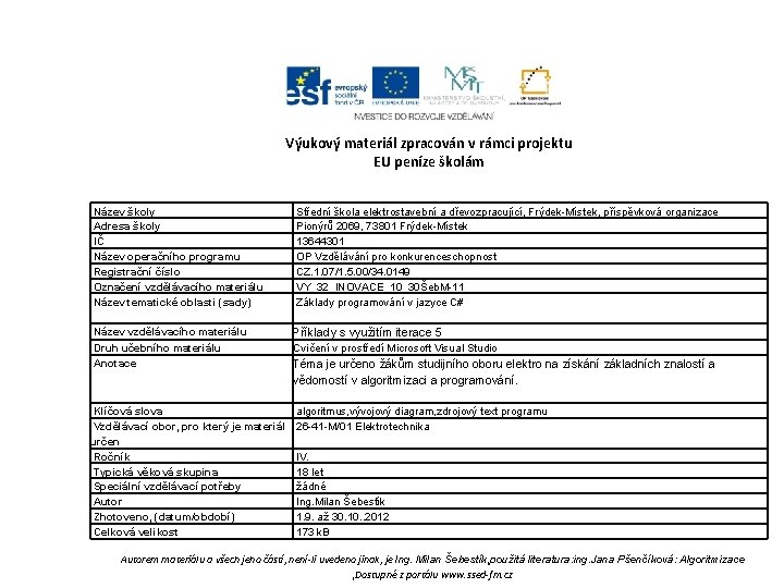 Výukový materiál zpracován v rámci projektu EU peníze školám Název školy Adresa školy IČ