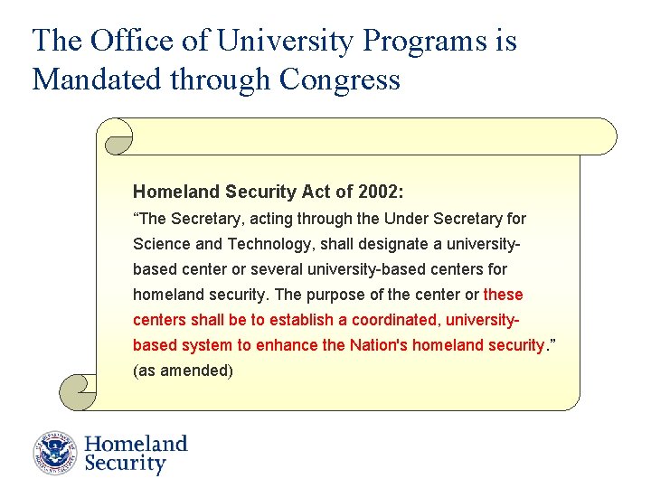 The Office of University Programs is Mandated through Congress Homeland Security Act of 2002: The Office of University Programs is Mandated through Congress Homeland Security Act of 2002: