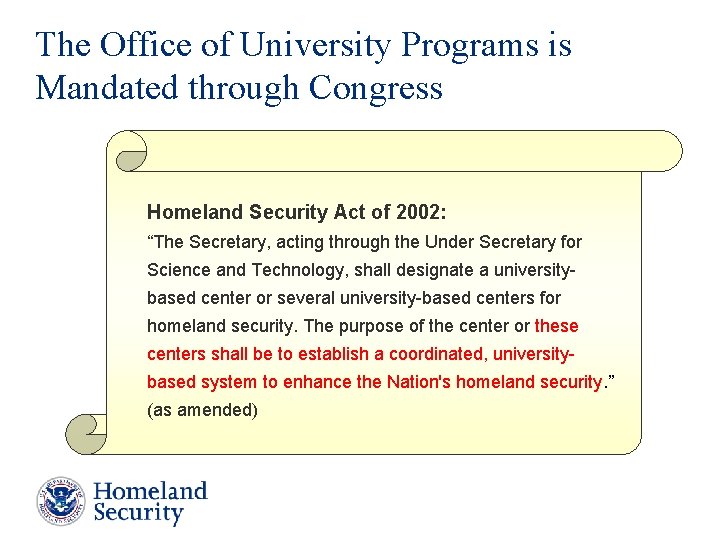 The Office of University Programs is Mandated through Congress Homeland Security Act of 2002: