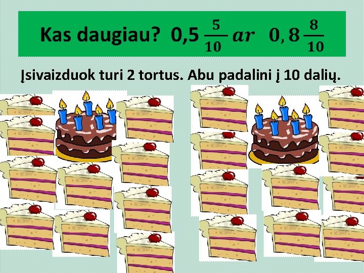  Įsivaizduok turi 2 tortus. Abu padalini į 10 dalių. 