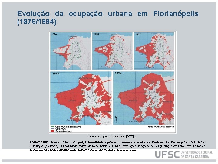 Evolução da ocupação urbana em Florianópolis (1876/1994) Fonte: Pamplona e Lonardoni (2007). LONARDONI, Fernanda