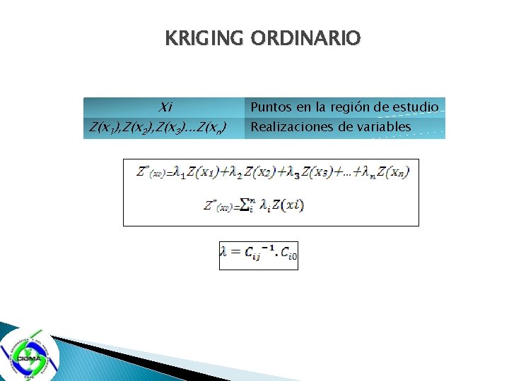 KRIGING ORDINARIO Xi Z(x 1), Z(x 2), Z(x 3). . . Z(xn) Puntos en