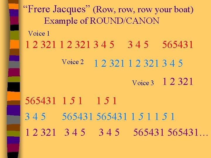 “Frere Jacques” (Row, row your boat) Example of ROUND/CANON Voice 1 1 2 321