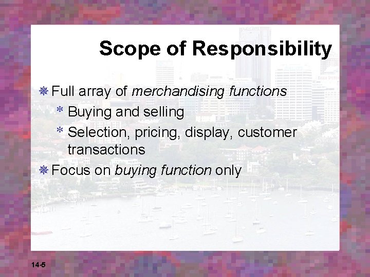 Scope of Responsibility ¯ Full array of merchandising functions * Buying and selling *