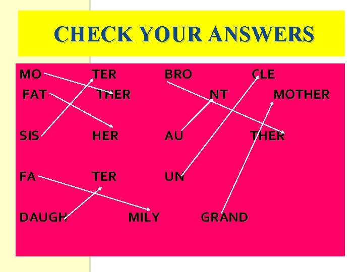 CHECK YOUR ANSWERS MO FAT TER THER BRO SIS HER AU FA TER UN