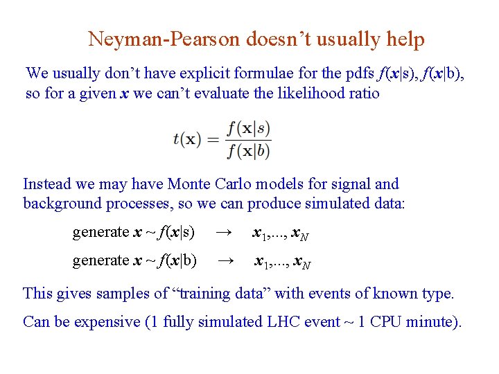Neyman-Pearson doesn’t usually help We usually don’t have explicit formulae for the pdfs f Neyman-Pearson doesn’t usually help We usually don’t have explicit formulae for the pdfs f