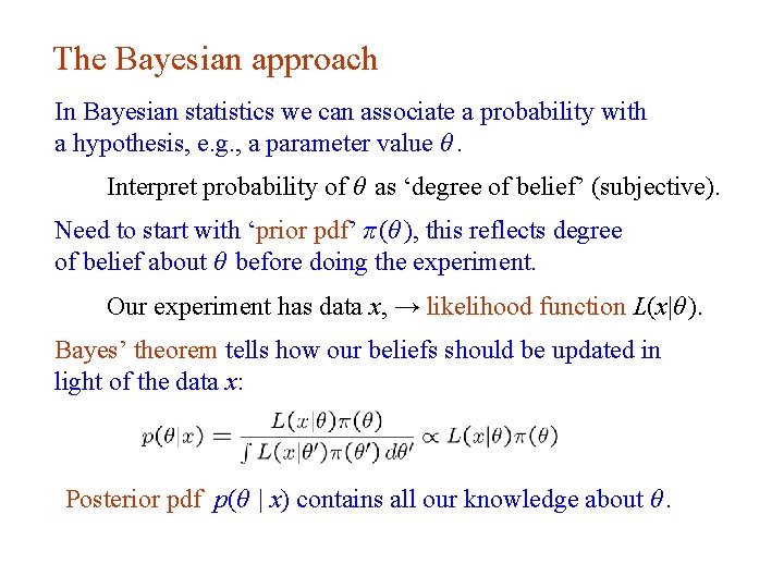 The Bayesian approach In Bayesian statistics we can associate a probability with a hypothesis, The Bayesian approach In Bayesian statistics we can associate a probability with a hypothesis,