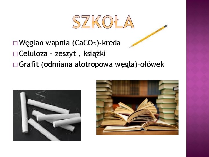 � Węglan wapnia (Ca. CO₃)-kreda � Celuloza – zeszyt , książki � Grafit (odmiana