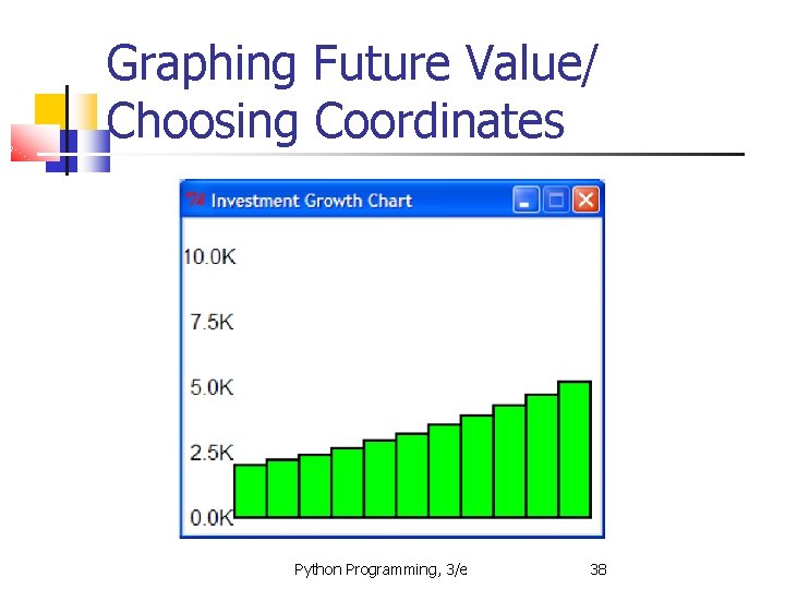 Graphing Future Value/ Choosing Coordinates Python Programming, 3/e 38 Graphing Future Value/ Choosing Coordinates Python Programming, 3/e 38