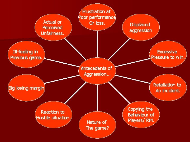 Actual or Perceived Unfairness. Frustration at Poor performance Or loss. Displaced aggression Excessive Pressure
