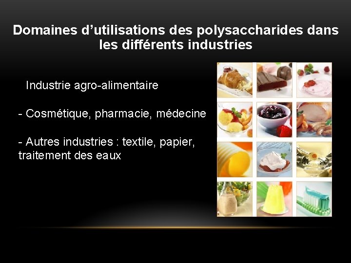 Domaines d’utilisations des polysaccharides dans les différents industries - Industrie agro-alimentaire - Cosmétique, pharmacie,