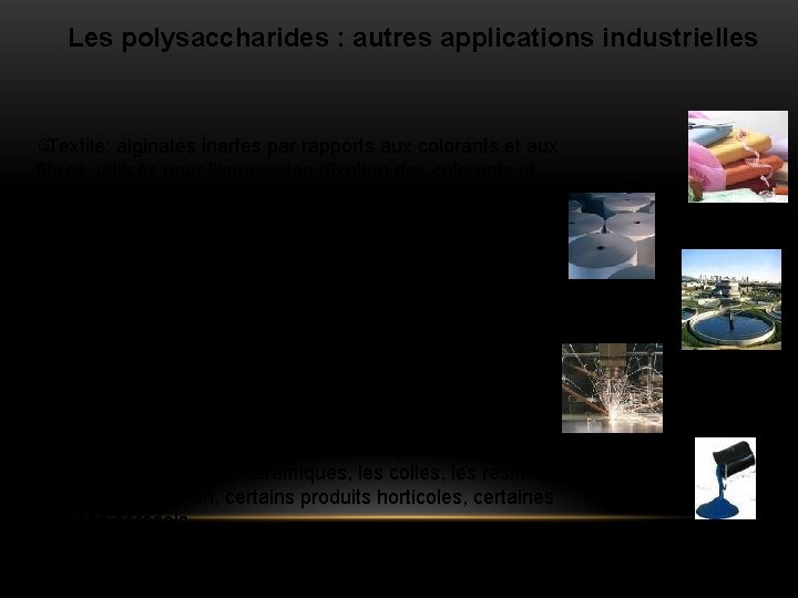 Les polysaccharides : autres applications industrielles Textile: alginates inertes par rapports aux colorants et
