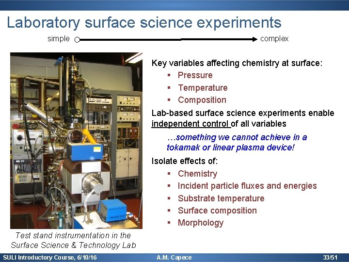 Laboratory surface science experiments simple complex Key variables affecting chemistry at surface: § Pressure