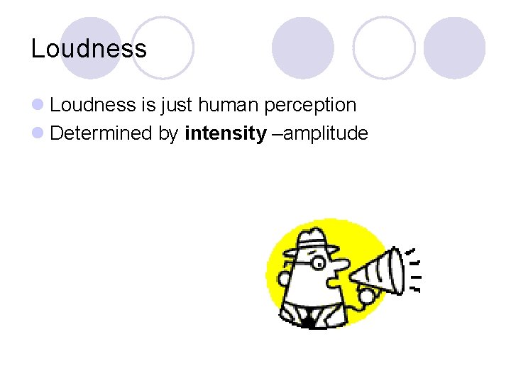 Loudness l Loudness is just human perception l Determined by intensity –amplitude 