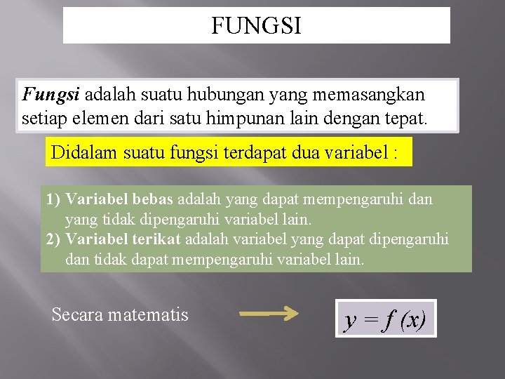 FUNGSI Fungsi adalah suatu hubungan yang memasangkan setiap elemen dari satu himpunan lain dengan