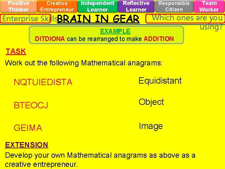 Positive Thinker Creative Entrepreneur Independent Learner Enterprise Skills. BRAIN Reflective Learner IN GEAR Responsible