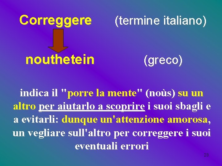 Correggere (termine italiano) nouthetein (greco) indica il "porre la mente" (noùs) su un altro Correggere (termine italiano) nouthetein (greco) indica il "porre la mente" (noùs) su un altro