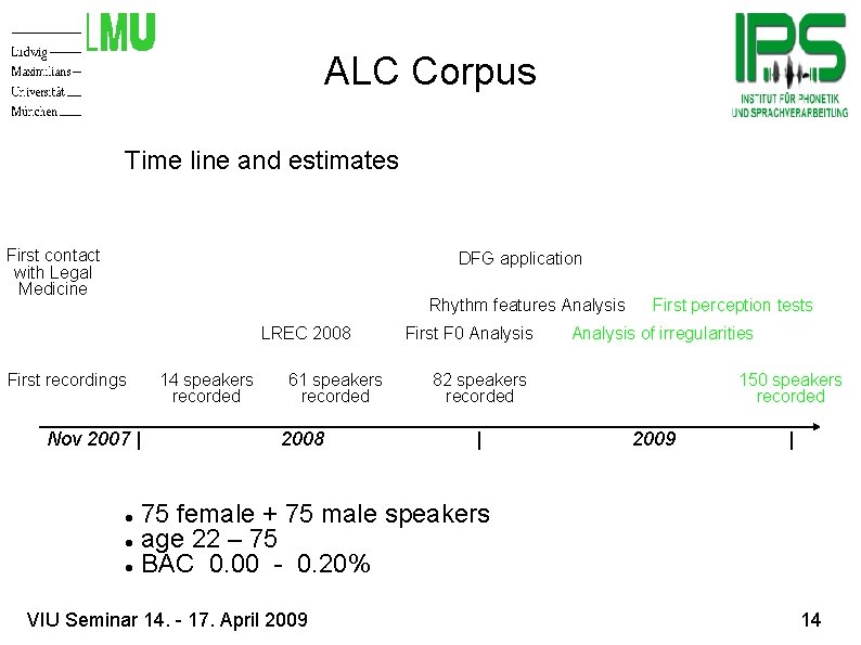 ALC Corpus Time line and estimates First contact with Legal Medicine DFG application Rhythm