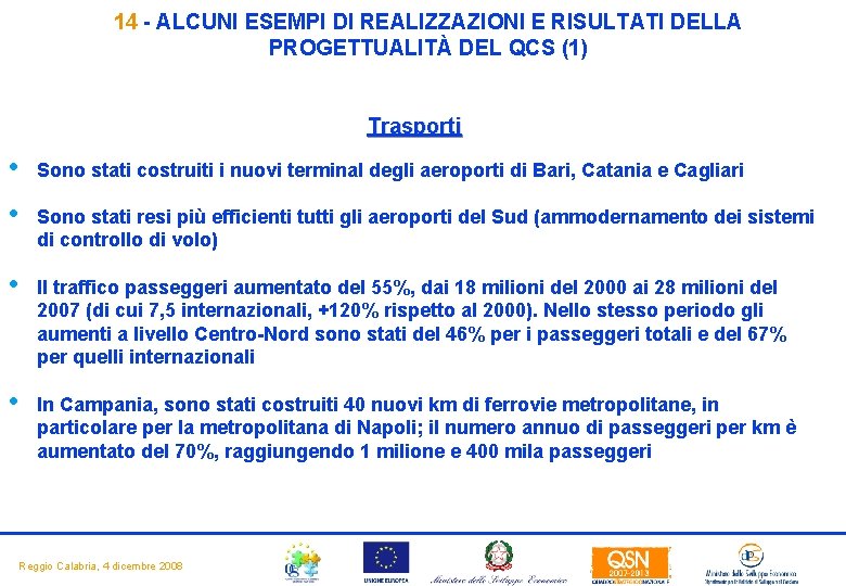 14 - ALCUNI ESEMPI DI REALIZZAZIONI E RISULTATI DELLA PROGETTUALITÀ DEL QCS (1) Trasporti 14 - ALCUNI ESEMPI DI REALIZZAZIONI E RISULTATI DELLA PROGETTUALITÀ DEL QCS (1) Trasporti