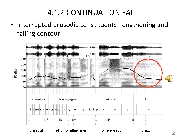 4. 1. 2 CONTINUATION FALL • Interrupted prosodic constituents: lengthening and falling contour ‘the