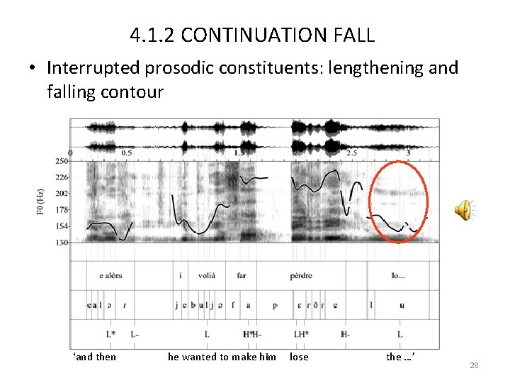 4. 1. 2 CONTINUATION FALL • Interrupted prosodic constituents: lengthening and falling contour ‘and