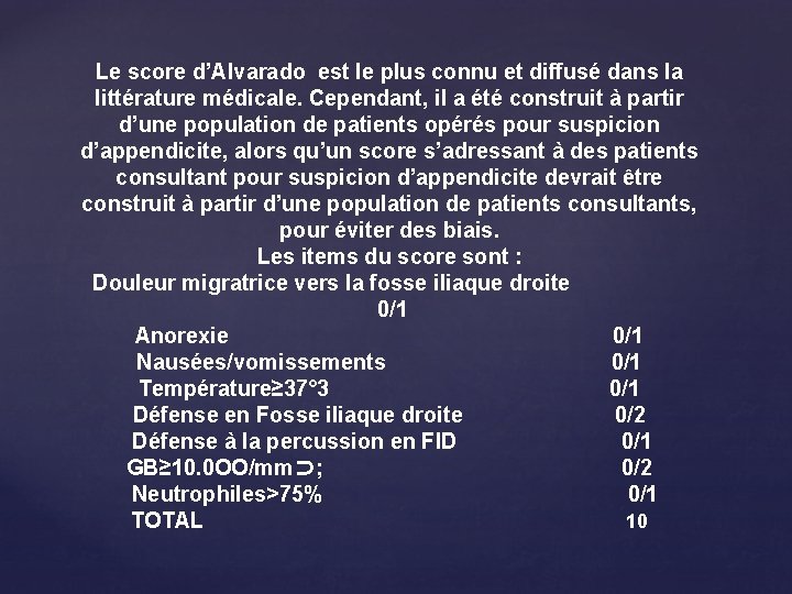 Le score d’Alvarado est le plus connu et diffusé dans la littérature médicale. Cependant,