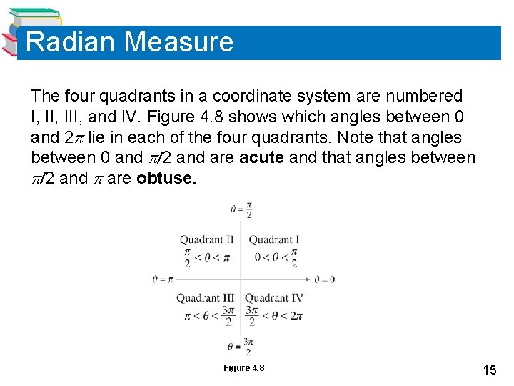 Radian Measure The four quadrants in a coordinate system are numbered I, III, and