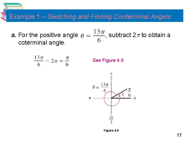 Example 1 – Sketching and Finding Conterminal Angels a. For the positive angle coterminal