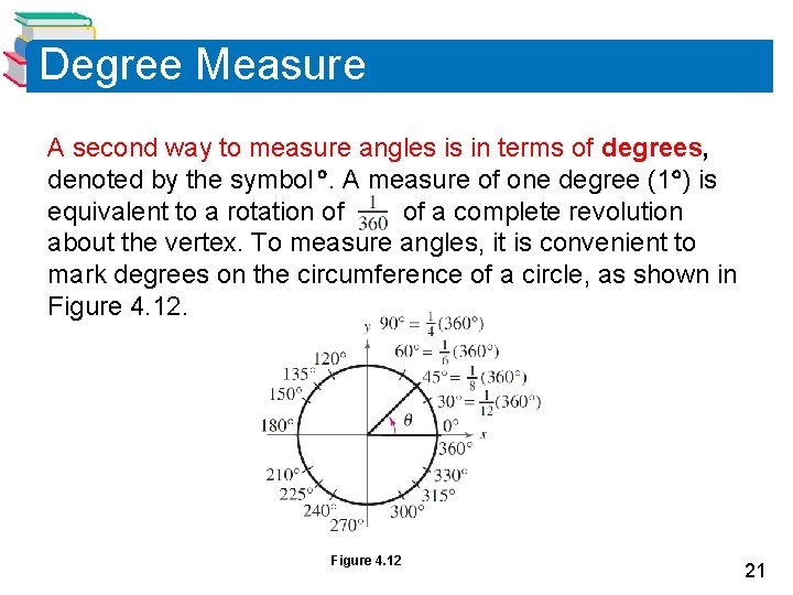 Degree Measure A second way to measure angles is in terms of degrees, denoted