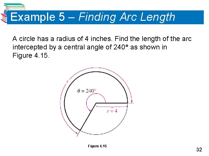 Example 5 – Finding Arc Length A circle has a radius of 4 inches.