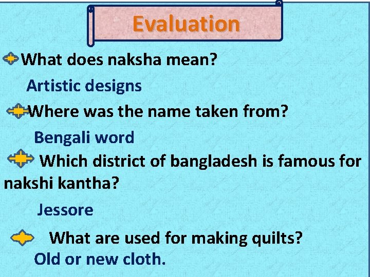 Evaluation What does naksha mean? Artistic designs Where was the name taken from? Bengali