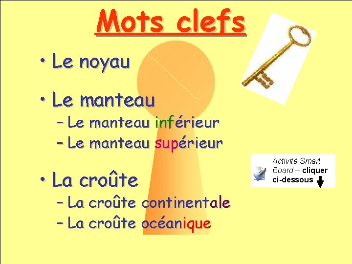 Mots clefs • Le noyau • Le manteau – Le manteau inférieur – Le