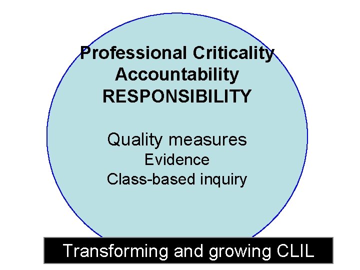 Professional Criticality Accountability RESPONSIBILITY Quality measures Evidence Class-based inquiry Transforming and growing CLIL 