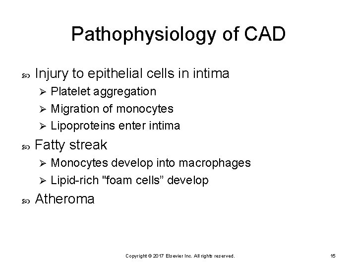 Pathophysiology of CAD Injury to epithelial cells in intima Platelet aggregation Ø Migration of