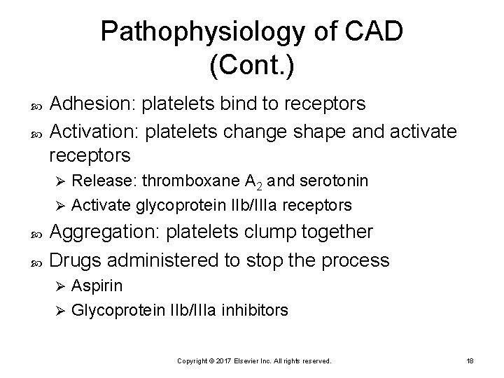 Pathophysiology of CAD (Cont. ) Adhesion: platelets bind to receptors Activation: platelets change shape