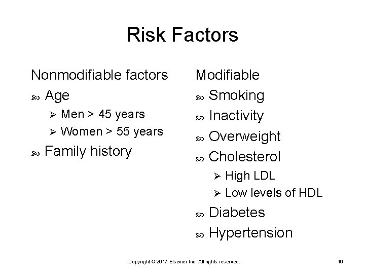 Risk Factors Nonmodifiable factors Age Men > 45 years Ø Women > 55 years