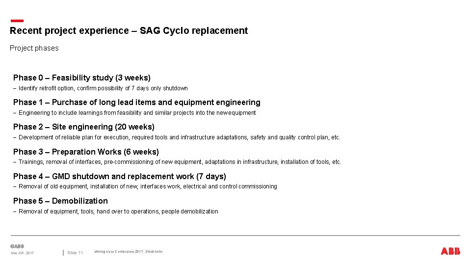 Recent project experience – SAG Cyclo replacement Project phases Phase 0 – Feasibility study