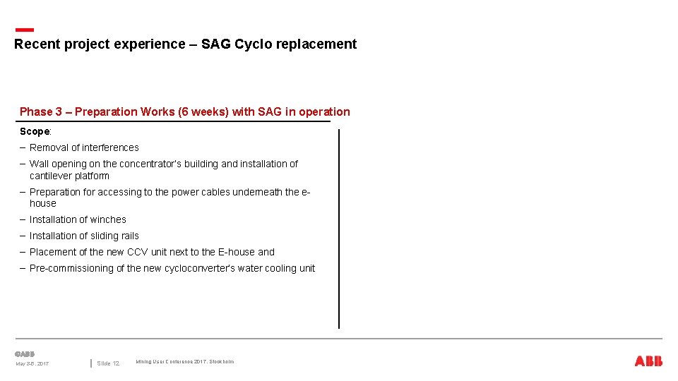 Recent project experience – SAG Cyclo replacement Phase 3 – Preparation Works (6 weeks)