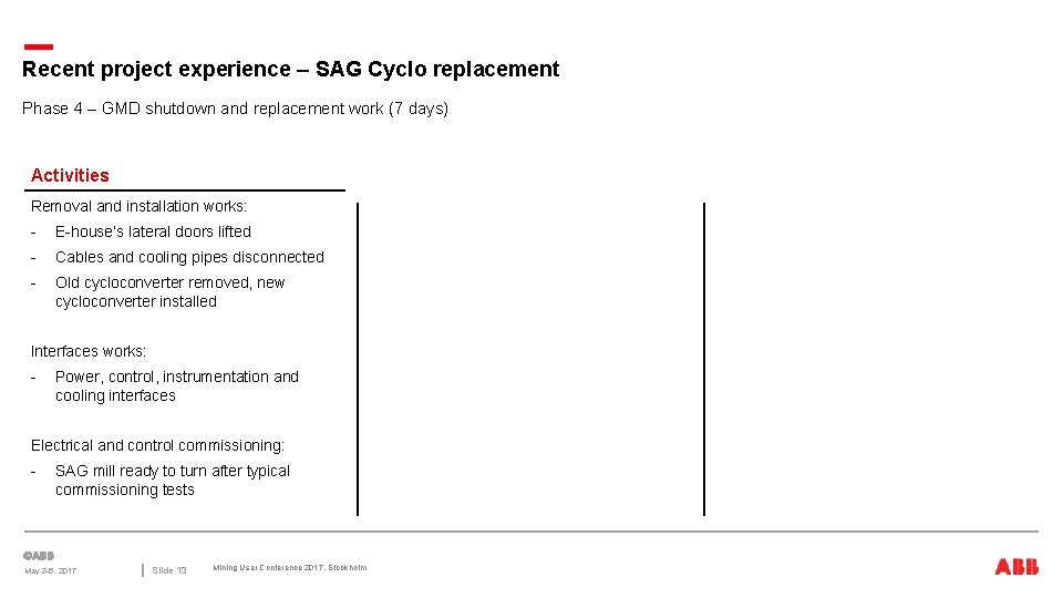 Recent project experience – SAG Cyclo replacement Phase 4 – GMD shutdown and replacement