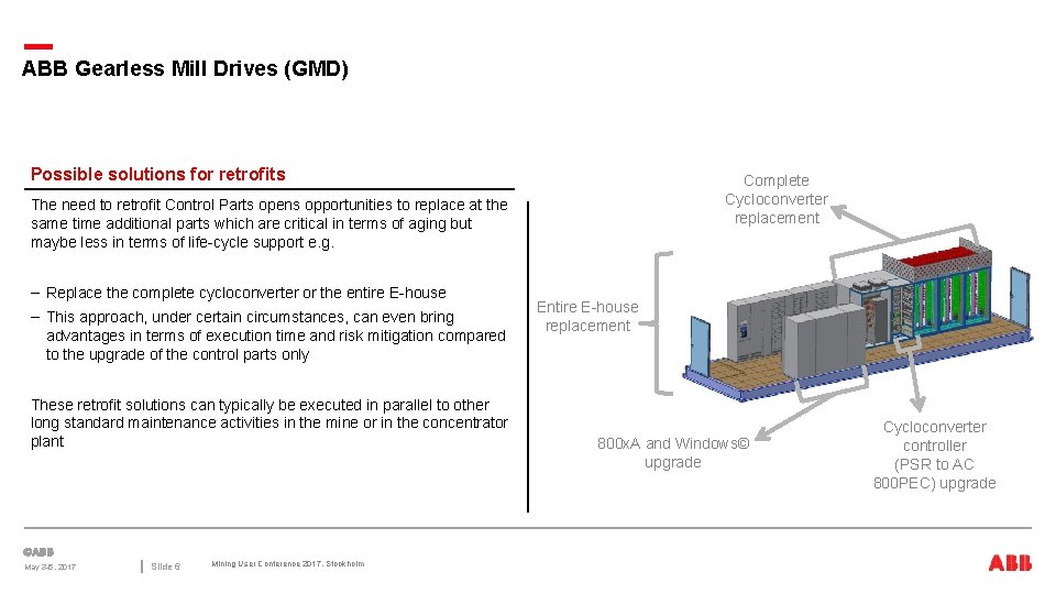 ABB Gearless Mill Drives (GMD) Possible solutions for retrofits Complete Cycloconverter replacement The need