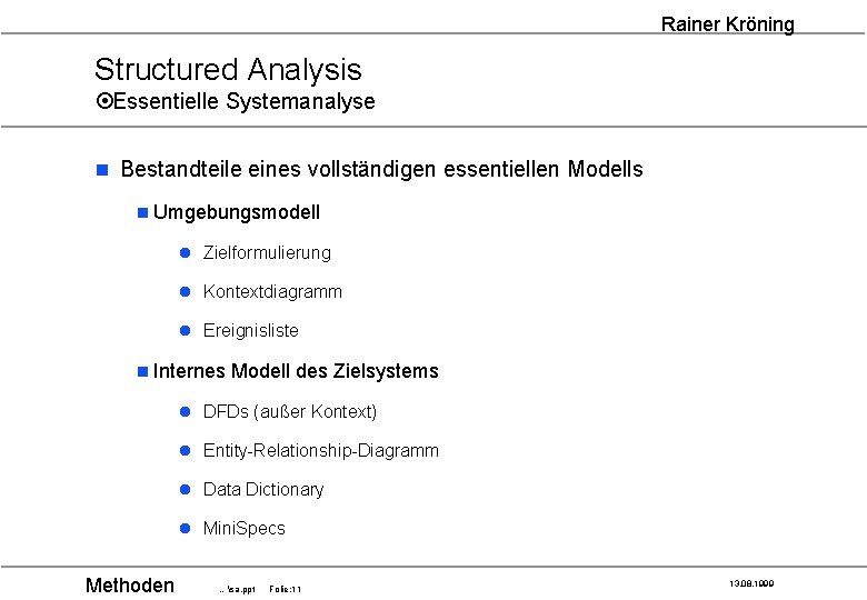 Rainer Kröning Structured Analysis ¤Essentielle Systemanalyse n Bestandteile eines vollständigen essentiellen Modells n Umgebungsmodell