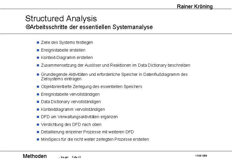 Rainer Kröning Structured Analysis ¤Arbeitsschritte der essentiellen Systemanalyse n Ziele des Systems festlegen n