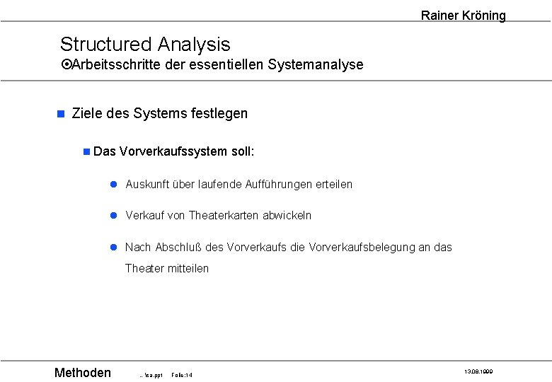 Rainer Kröning Structured Analysis ¤Arbeitsschritte der essentiellen Systemanalyse n Ziele des Systems festlegen n