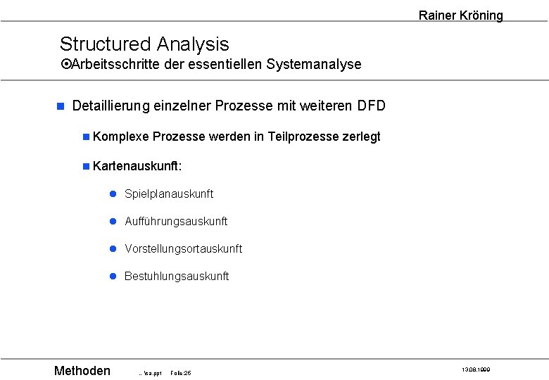 Rainer Kröning Structured Analysis ¤Arbeitsschritte der essentiellen Systemanalyse n Detaillierung einzelner Prozesse mit weiteren