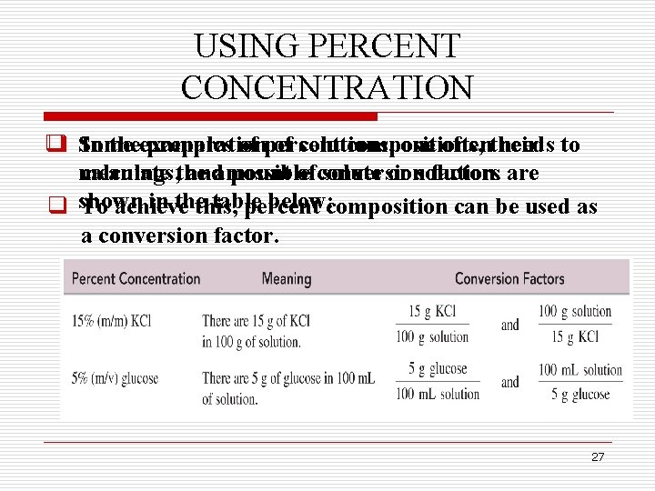 USING PERCENT CONCENTRATION q Some In theexamples preparation of percent of solutions, compositions, one USING PERCENT CONCENTRATION q Some In theexamples preparation of percent of solutions, compositions, one